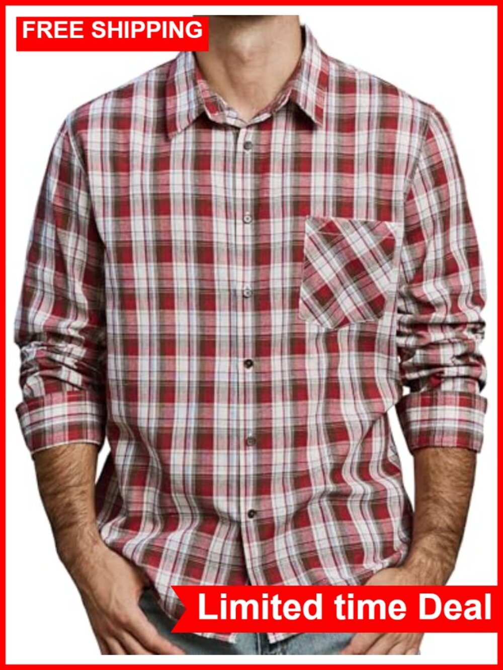 Men's Cotton Plaid Button Down Shirt Long Sleeve Casual
